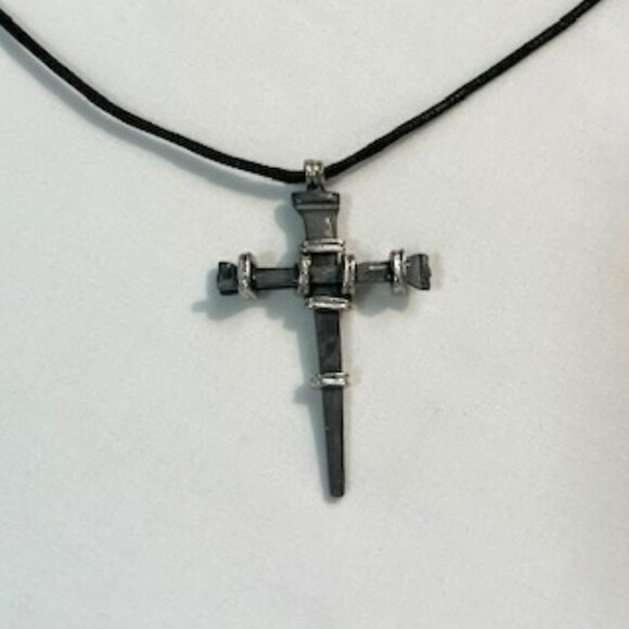 Handmade Cut Masonry Nail Cross - Dark Metal Gray, Silver 22"s Long - Picture 1 of 7